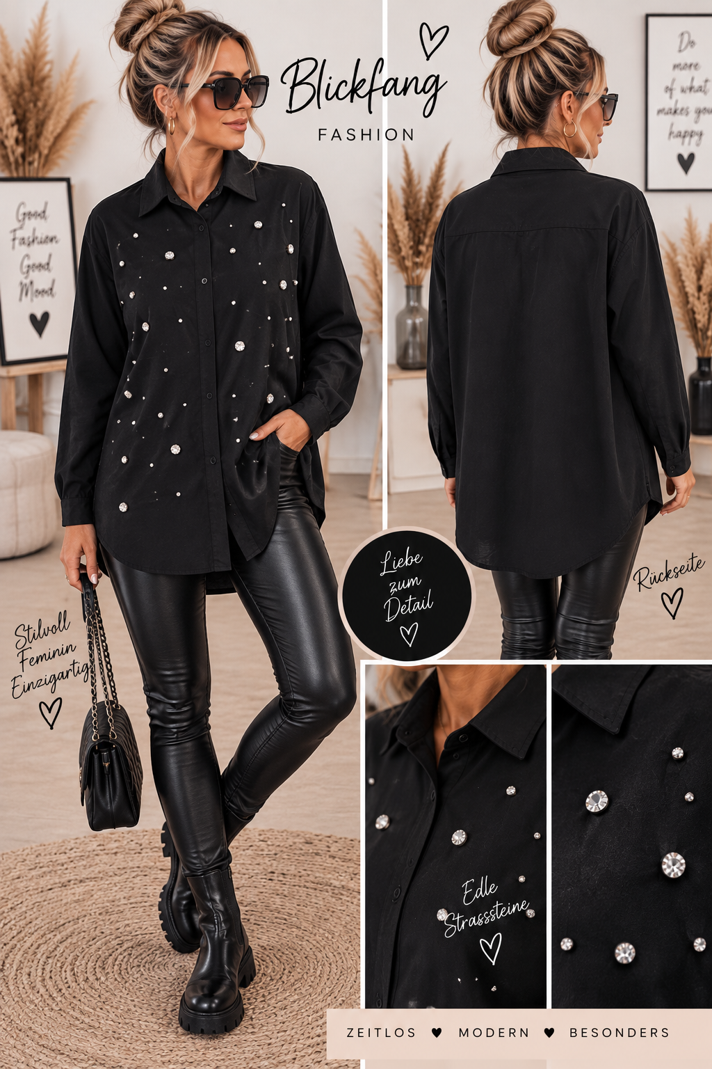 Glamour Bluse mit Strass – Black Statement