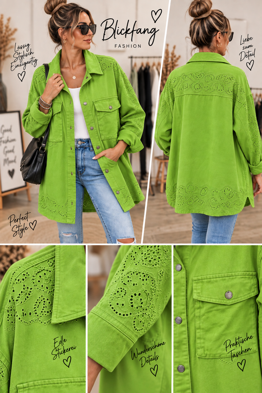 Statement Hemdjacke mit Lochstickerei – 3 Trendfarben