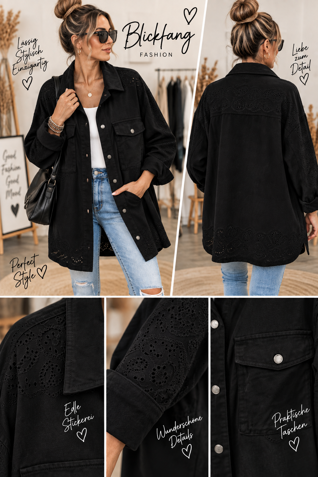 Statement Hemdjacke mit Lochstickerei – 3 Trendfarben
