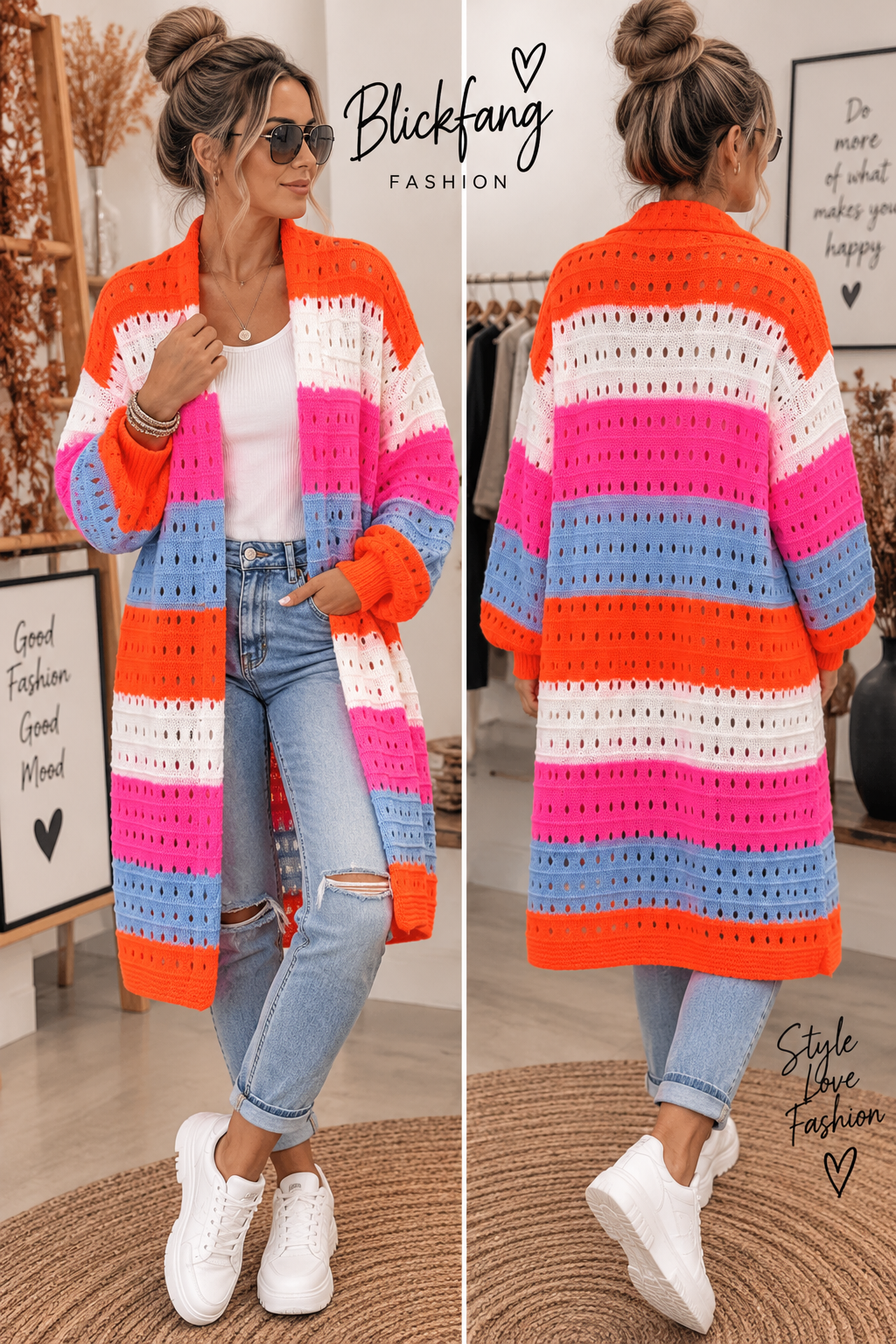 Color Love Long-Cardigan – Häkelstrick in 2 Farbkombis