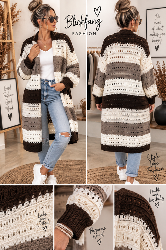 Color Love Long-Cardigan – Häkelstrick in 2 Farbkombis