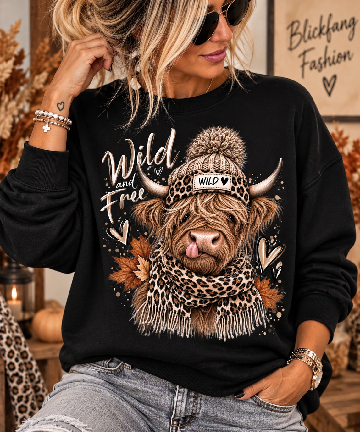 „Wild & Free“ Highland Cow – Sweater & Hoodie 🐆🤎