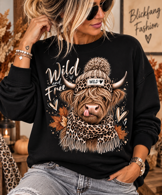 „Wild & Free“ Highland Cow – Sweater & Hoodie 🐆🤎