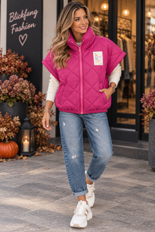 Steppweste „Pink & Eisgrau 😍Statement“ – Oversize mit Statement-Patch