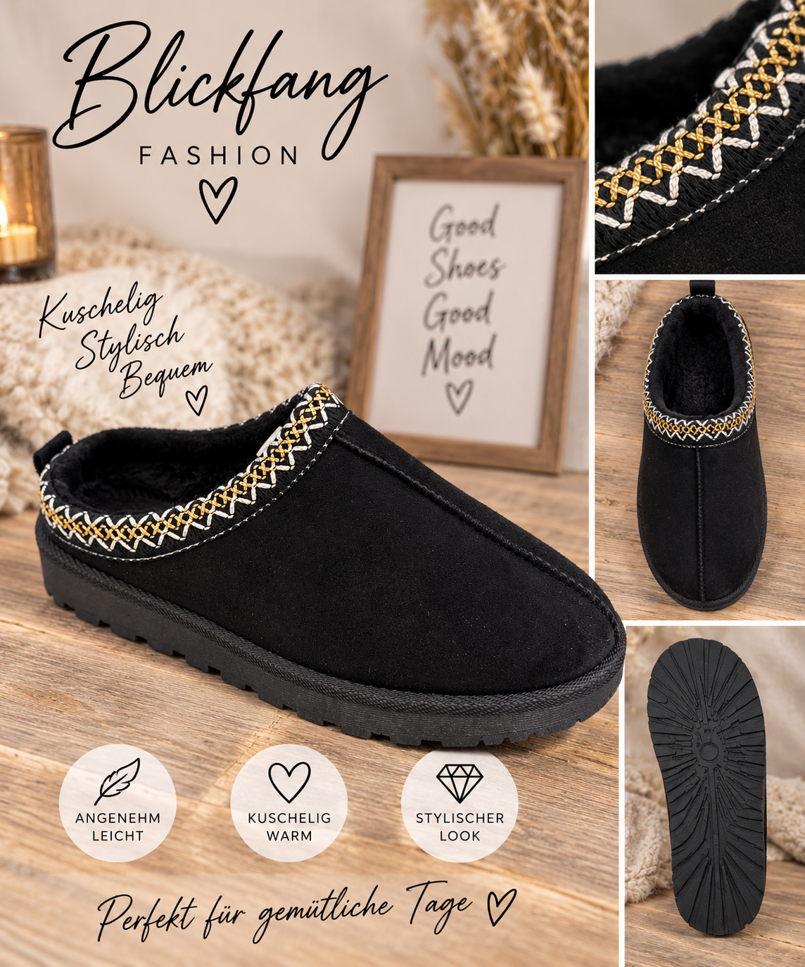 Kuscheliger Fell-Slipper „Cozy Glam“ – Schwarz | Gr. 36-41