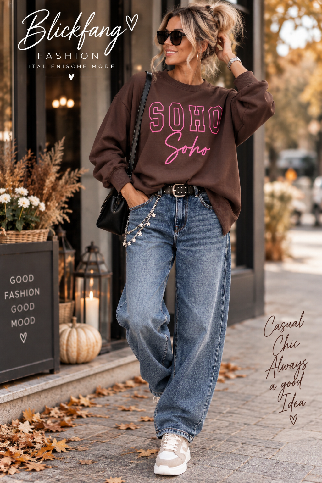 Trendige Ballon Jeans mit Gürtel & Sternchenkette – Denim Blue