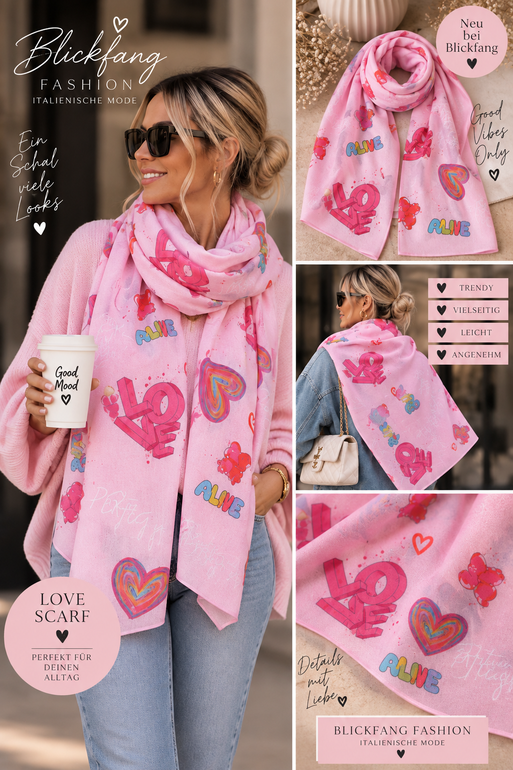 LOVE Statement Schal – Pink mit Herz & Good-Vibes-Print