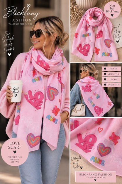 LOVE Statement Schal – Pink mit Herz & Good-Vibes-Print