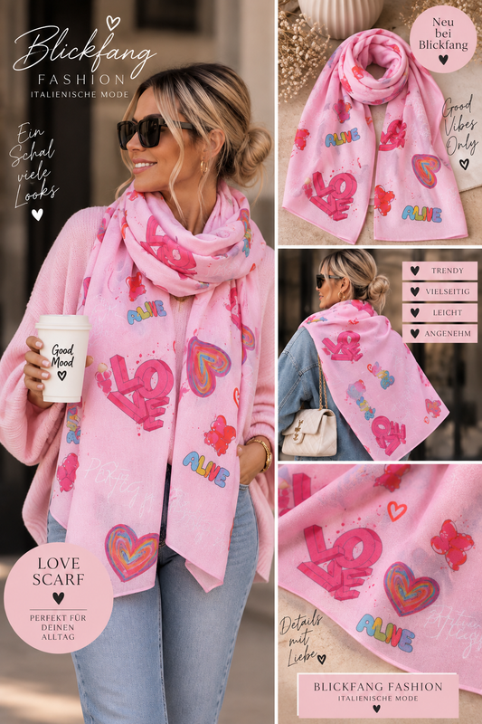 LOVE Statement Schal – Pink mit Herz & Good-Vibes-Print