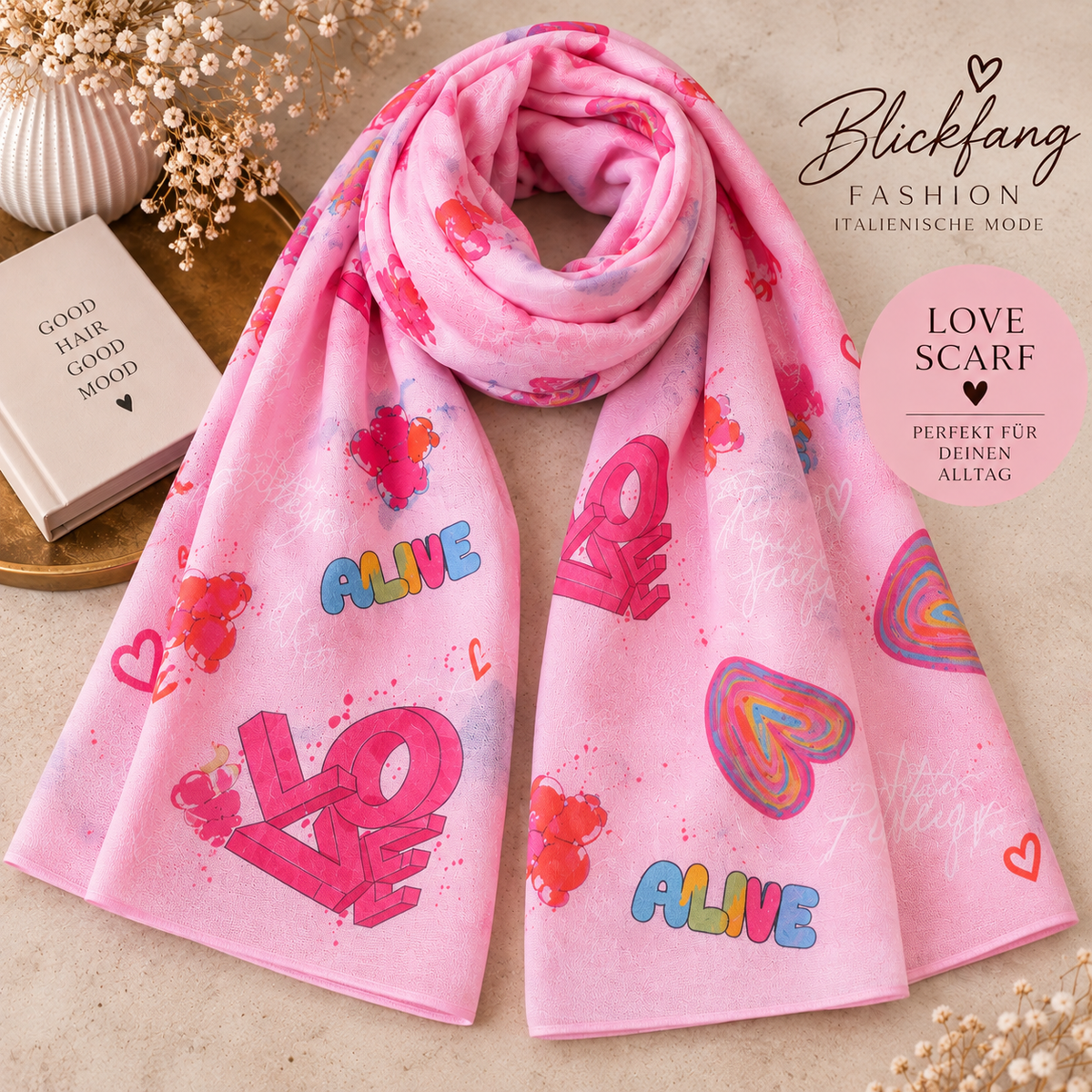 LOVE Statement Schal – Pink mit Herz & Good-Vibes-Print