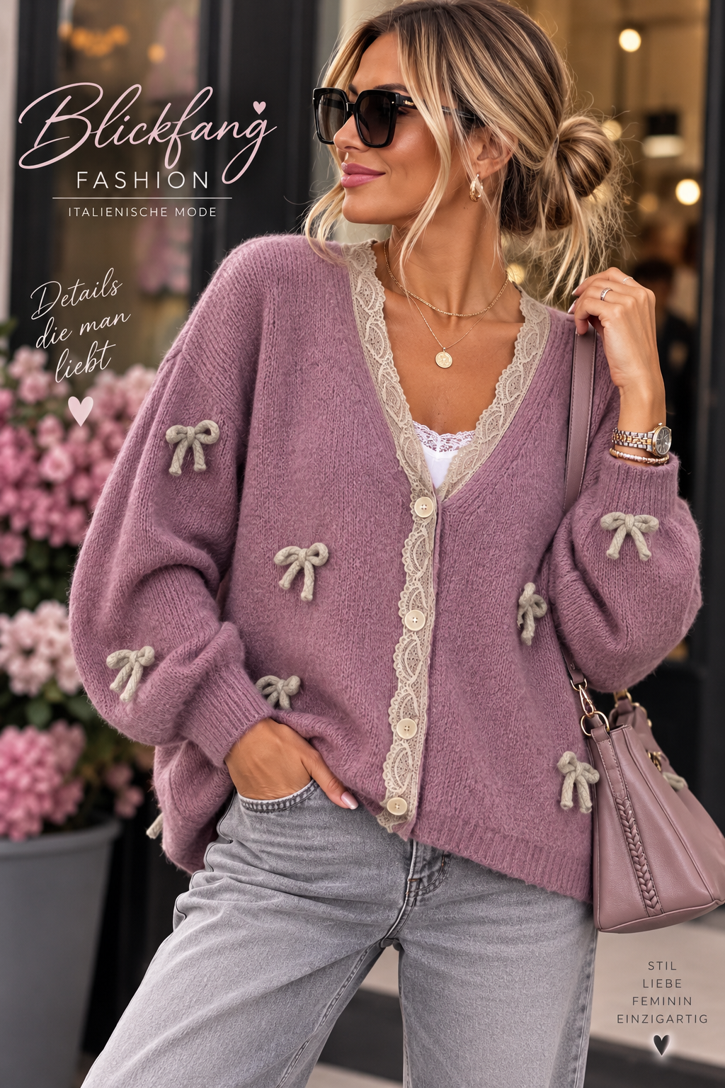 Romantic Bow Cardigan mit Spitze – super elastisch | Blau, Rosa & Beere