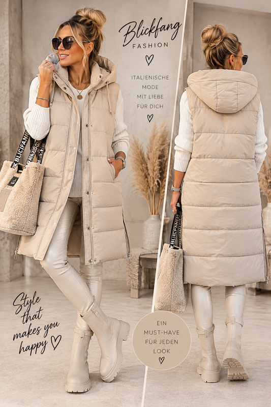 BEIGE LOVE 🤎 Long-Steppweste mit Kapuze – Dein stylisches Fashion-Must-have | S–XXL