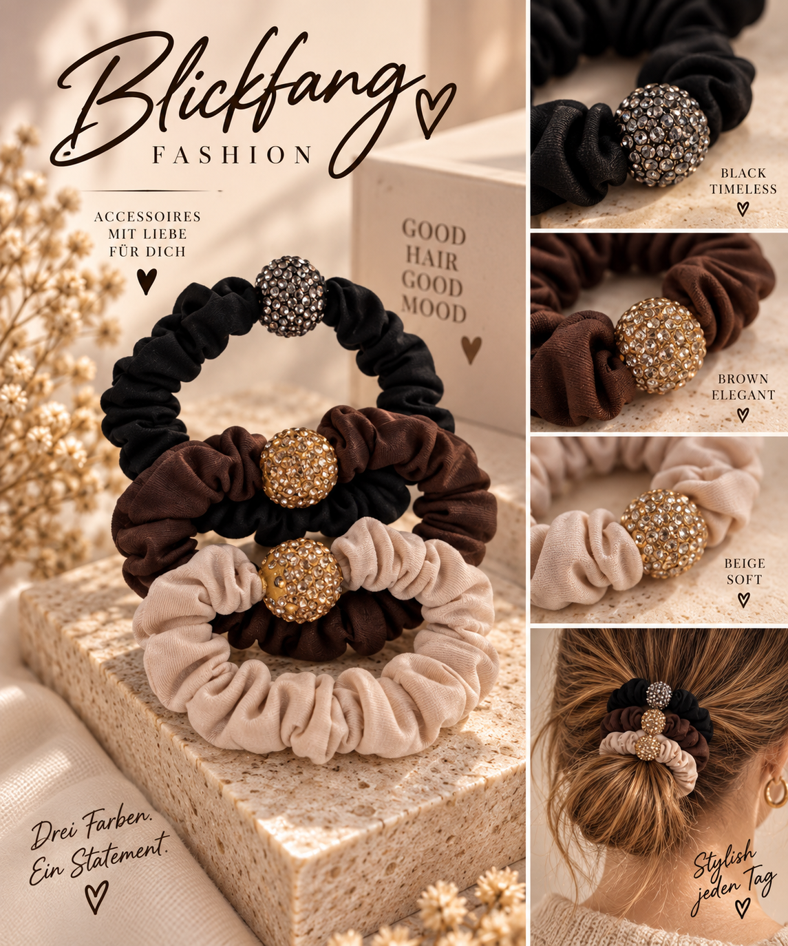 ✨ Glamour Scrunchie 3er-Set – Funkelnde Haargummis mit Strasskugel | Schwarz, Schoko & Beige