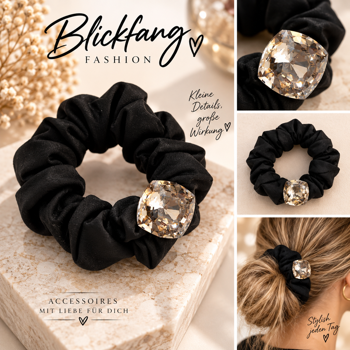 💎 Crystal Glamour – Elegantes Scrunchie mit XXL-Glitzerkristall | Schwarz