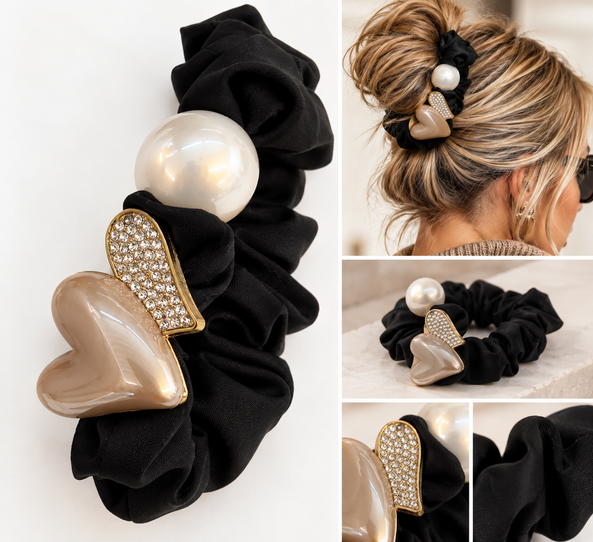 Pearl Heart Glamour – Elegantes Scrunchie mit Perle, Herz & funkelnden Strassdetails | Schwarz & Schoko