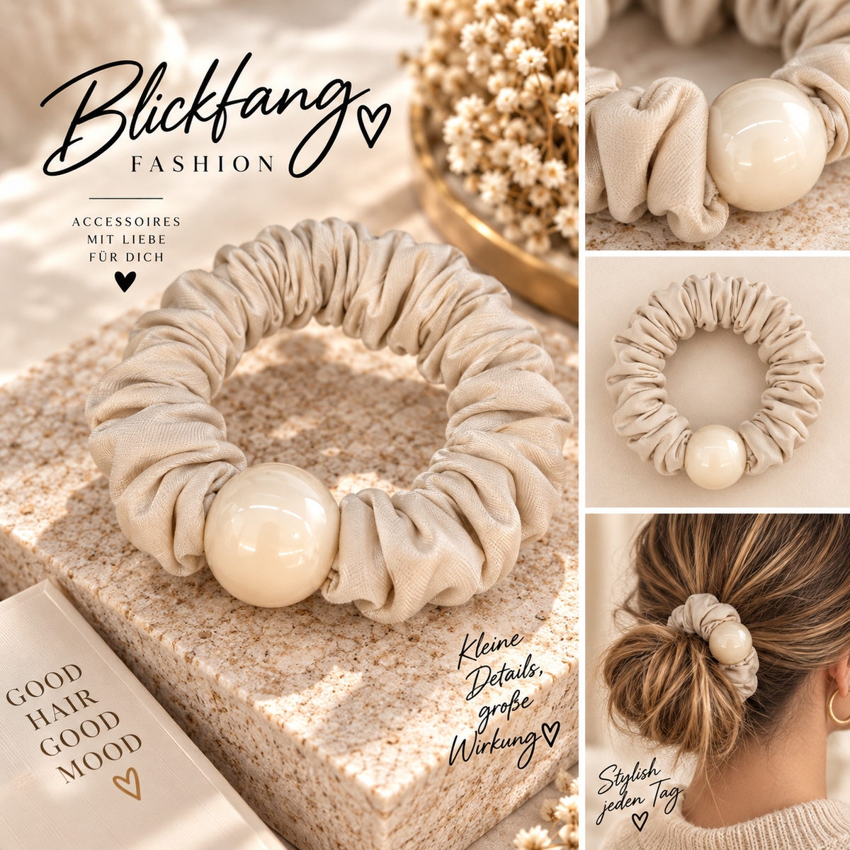 🤍 Pearl Elegance – Edles Scrunchie mit großer Perle | Eleganter Haarschmuck in Cremebeige