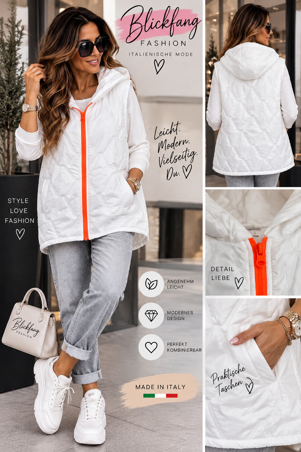 Neon Glow – Stylische Steppweste mit Kapuze & Neon-Reißverschluss | Made in Italy