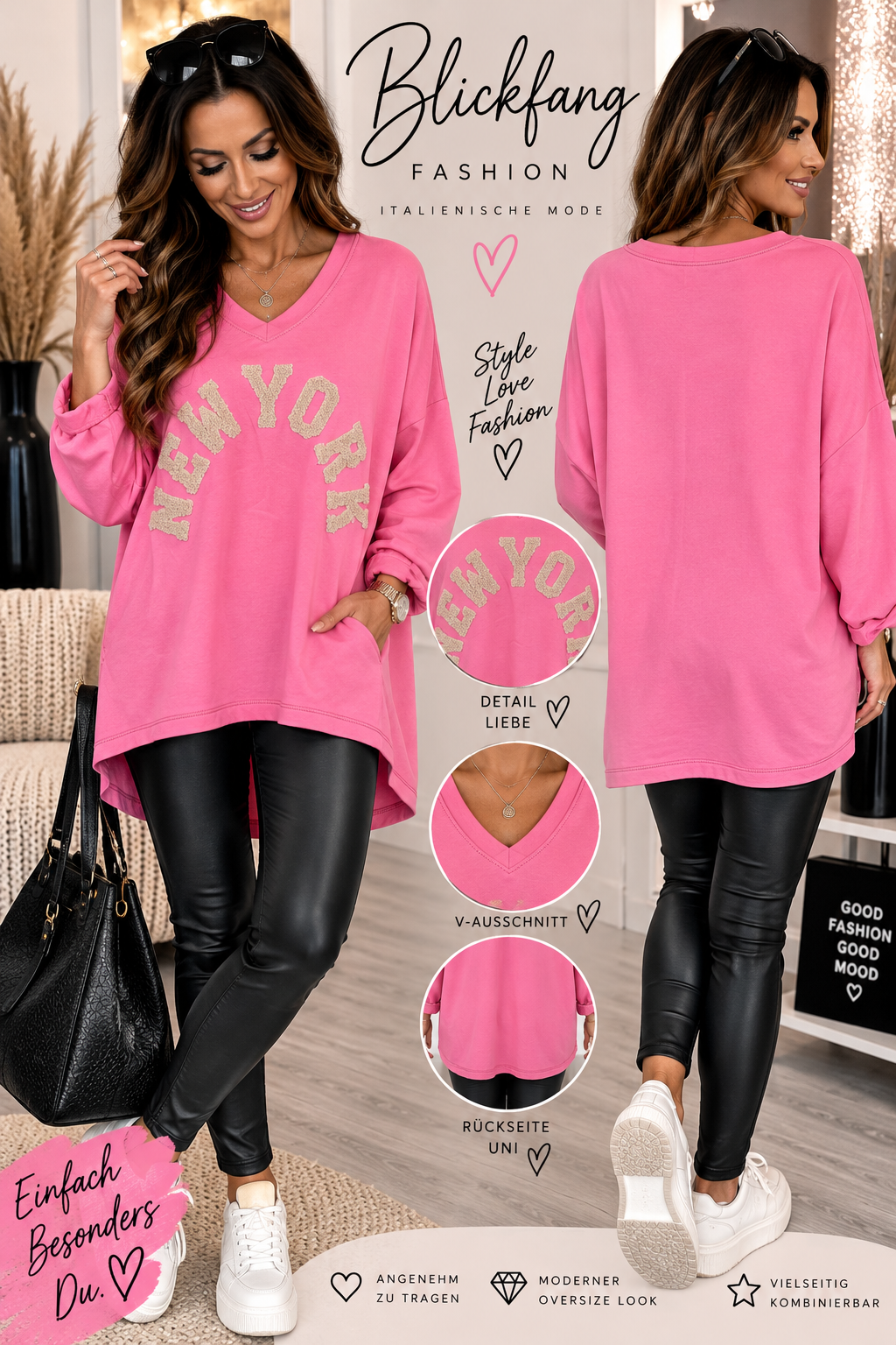 NEW YORK LOVE – Stylischer Oversize-Pullover mit Teddy-Schrift & V-Ausschnitt | Made in Italy