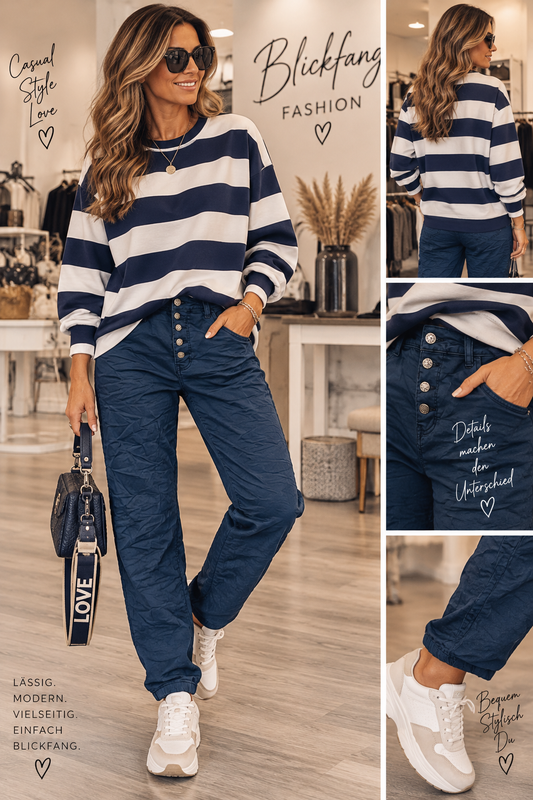 Blue Stripes – Lässiger Oversize-Sweater mit breiten Streifen in Marineblau & Creme
