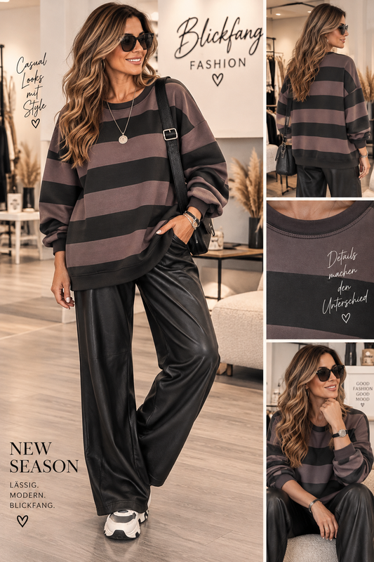 Urban Stripes – Lässiger Oversize-Sweater mit breiten Blockstreifen in Schwarz & Taupe