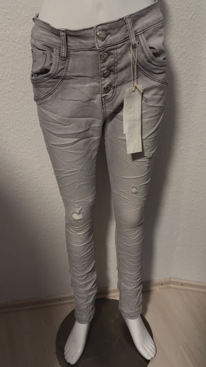 Jewelly Damen Stretch Jeans Five-Pocket im Crash-Look | Boyfriend Hose mit sichtbarer Knopfleiste